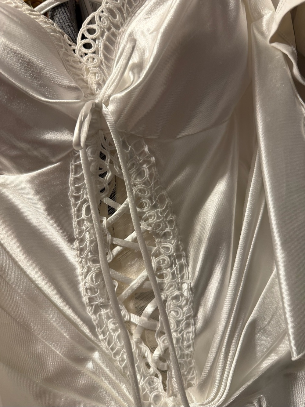 Lace-Up Ivory Satin Wedding Dress with Ruched Detail - Picture 3 of 7
